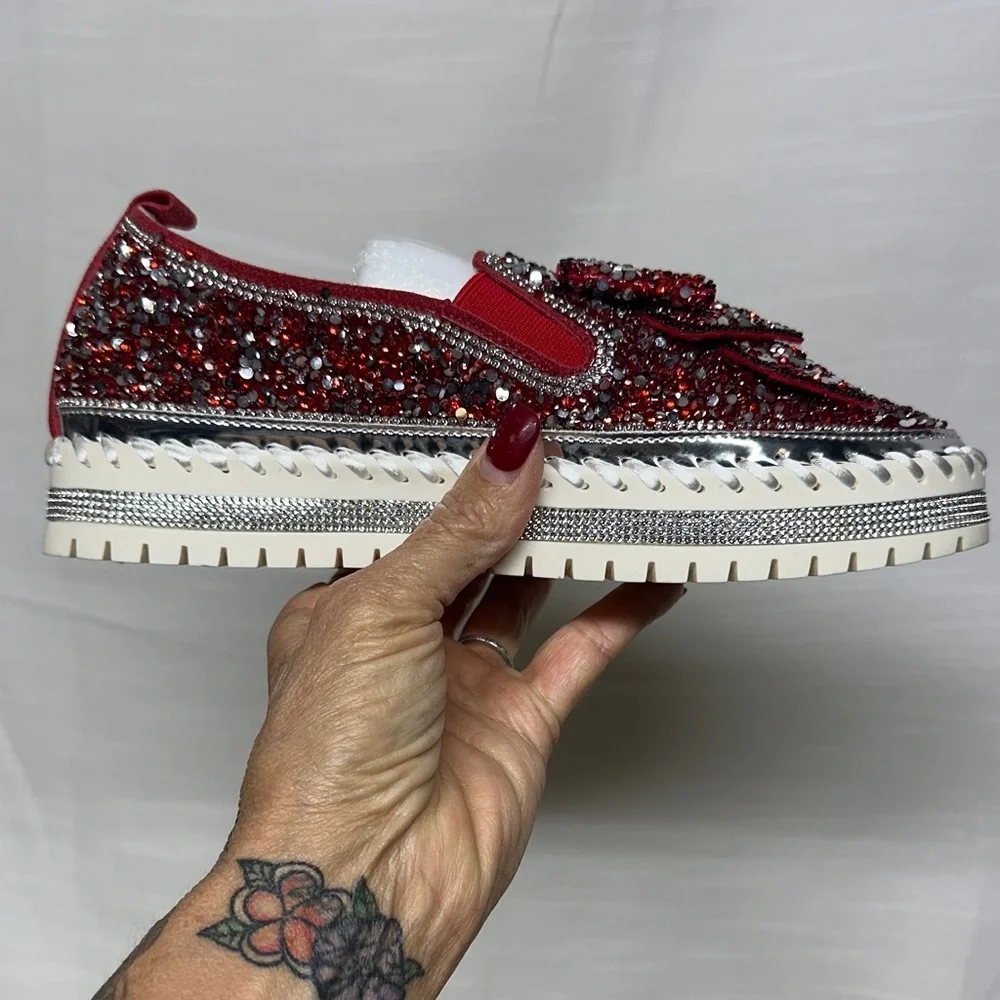 Glittering Red Women's Loafers with Bow - Picture 3 of 12